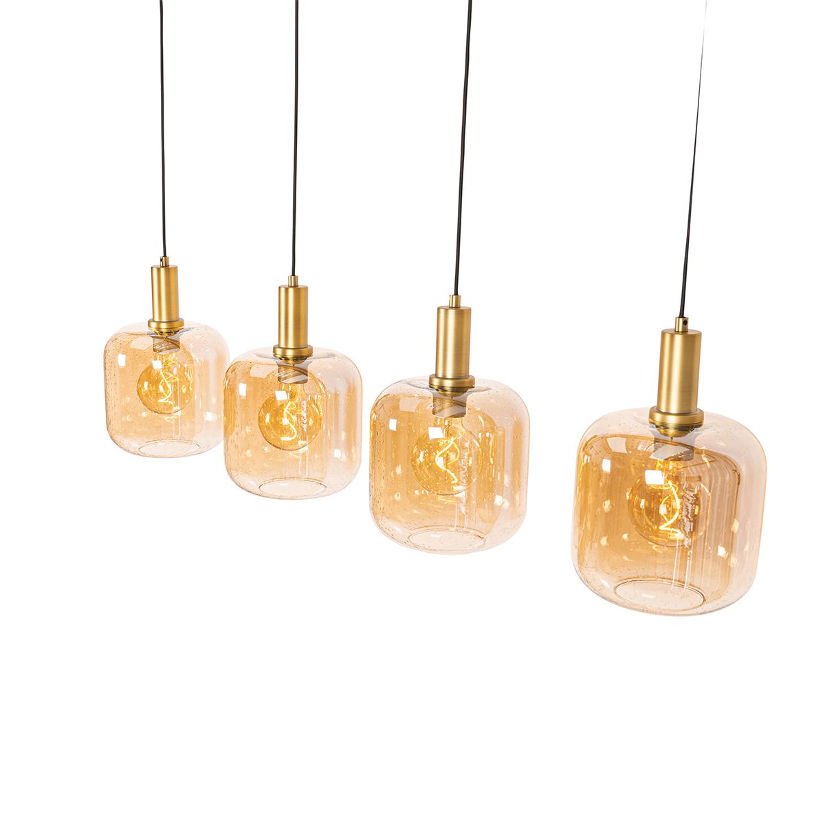 Smart hanglamp zwart met messing en amber glas 4-lichts incl. 4 Wifi G95 - Zuzanna