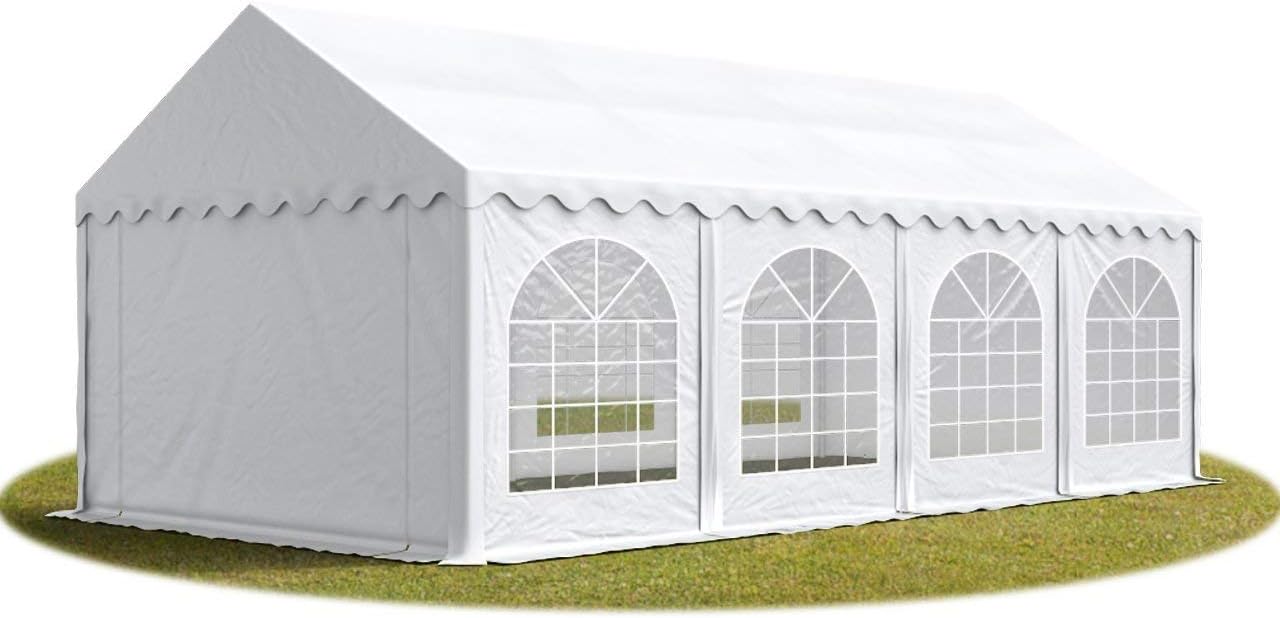 Festzelt Partyzelt 4x8 m schwerentflammbar Premium, hochwertige PVC Plane 750 N in weiß 100% wasserdicht mit Bodenrahmen