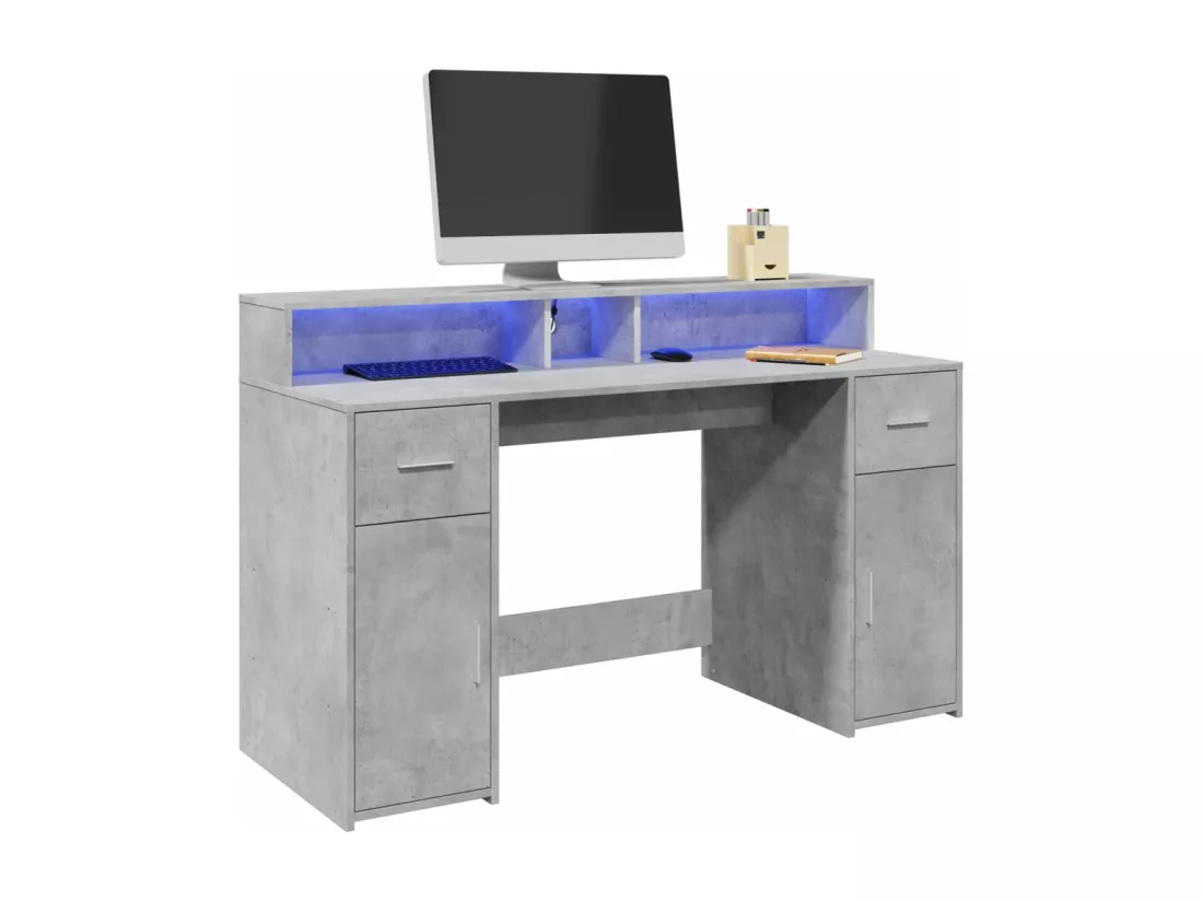 Bureau et lumières LED gris béton 140x55x91cm bois d'ingénierie