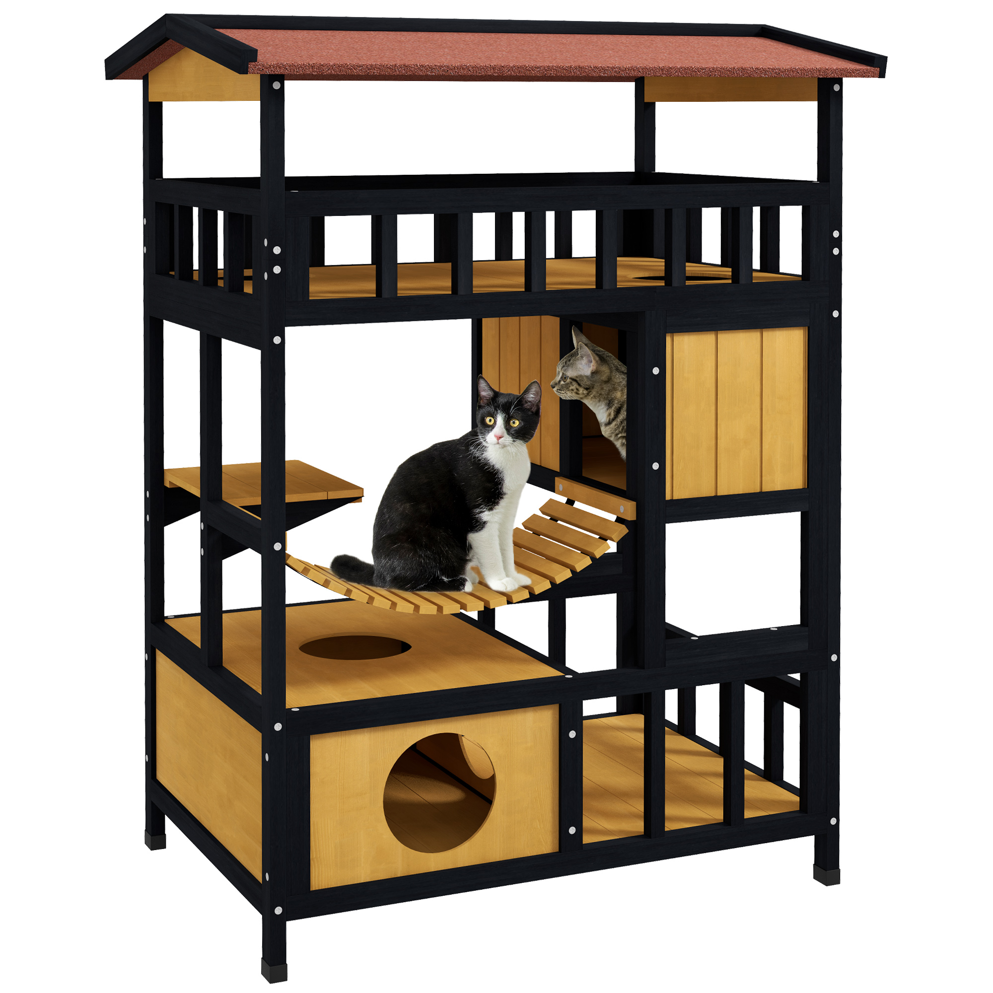 Casinha de madeira para gatos PawHut, 84x60x116 cm, com 4 níveis, ponte suspensa, varanda e telhado de asfalto natural.