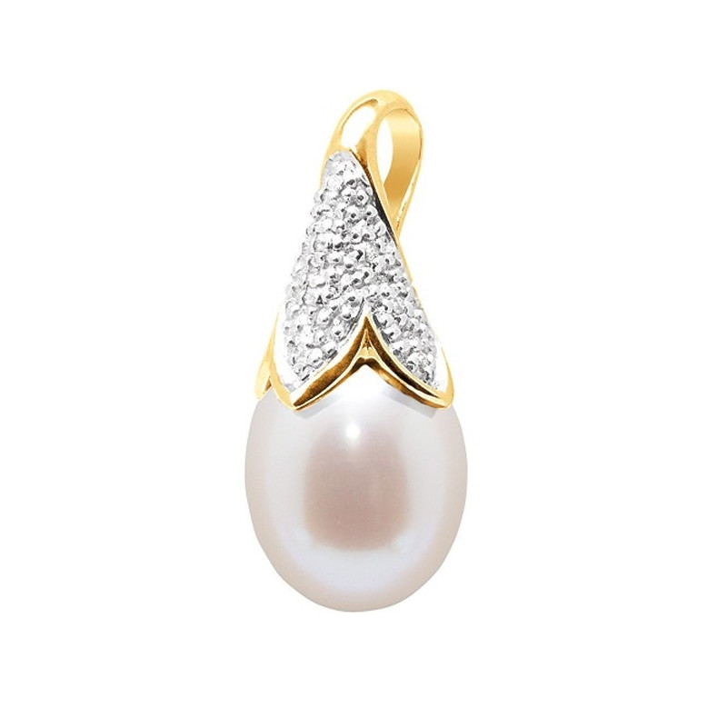 Pendentif Perle de Culture d'eau douce Blanche, Diamants et Or Jaune 750/1000