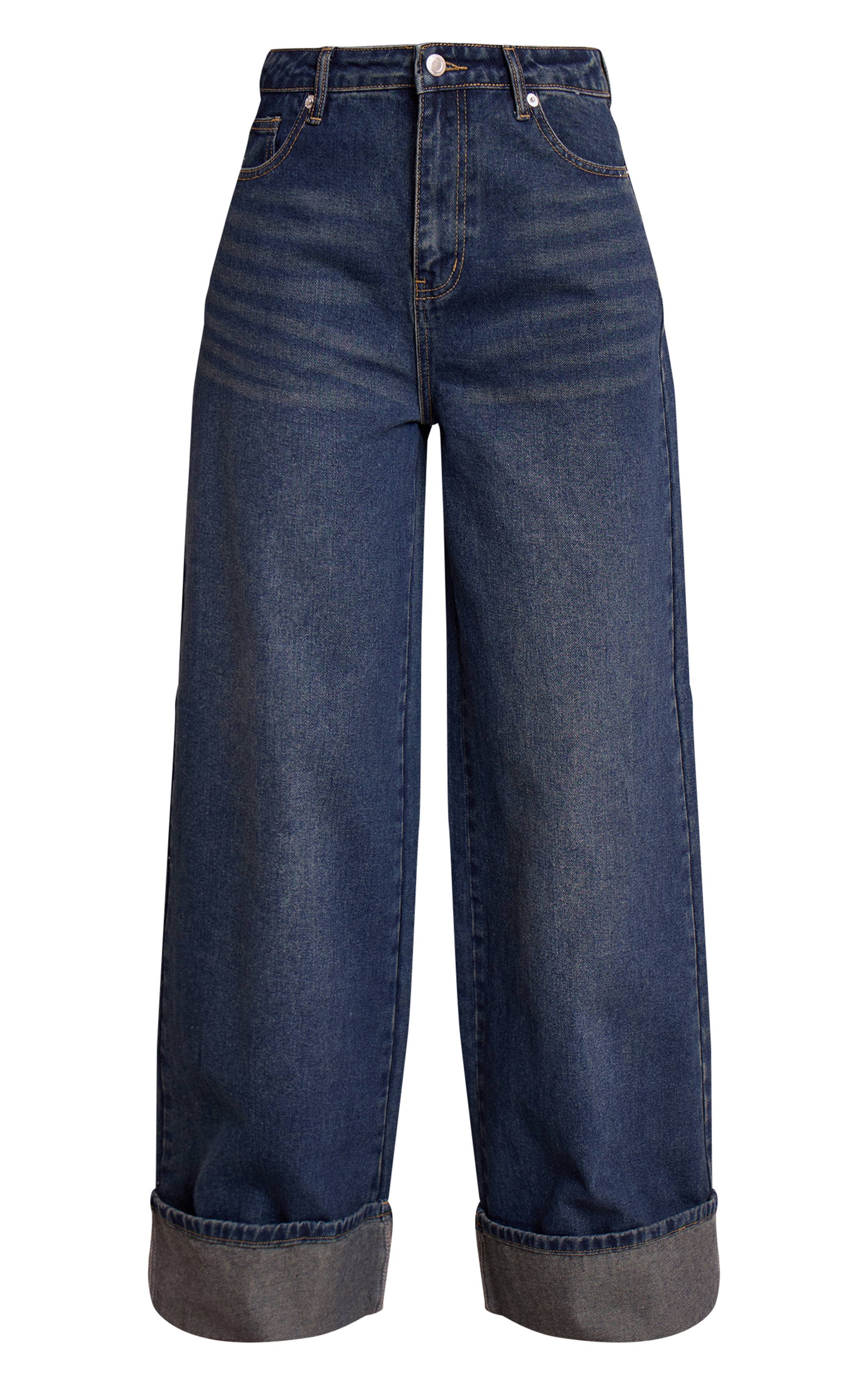 Bleu Indigo Foncé Jean Large Taille Mi-haute À Revers Pour Grande Taille