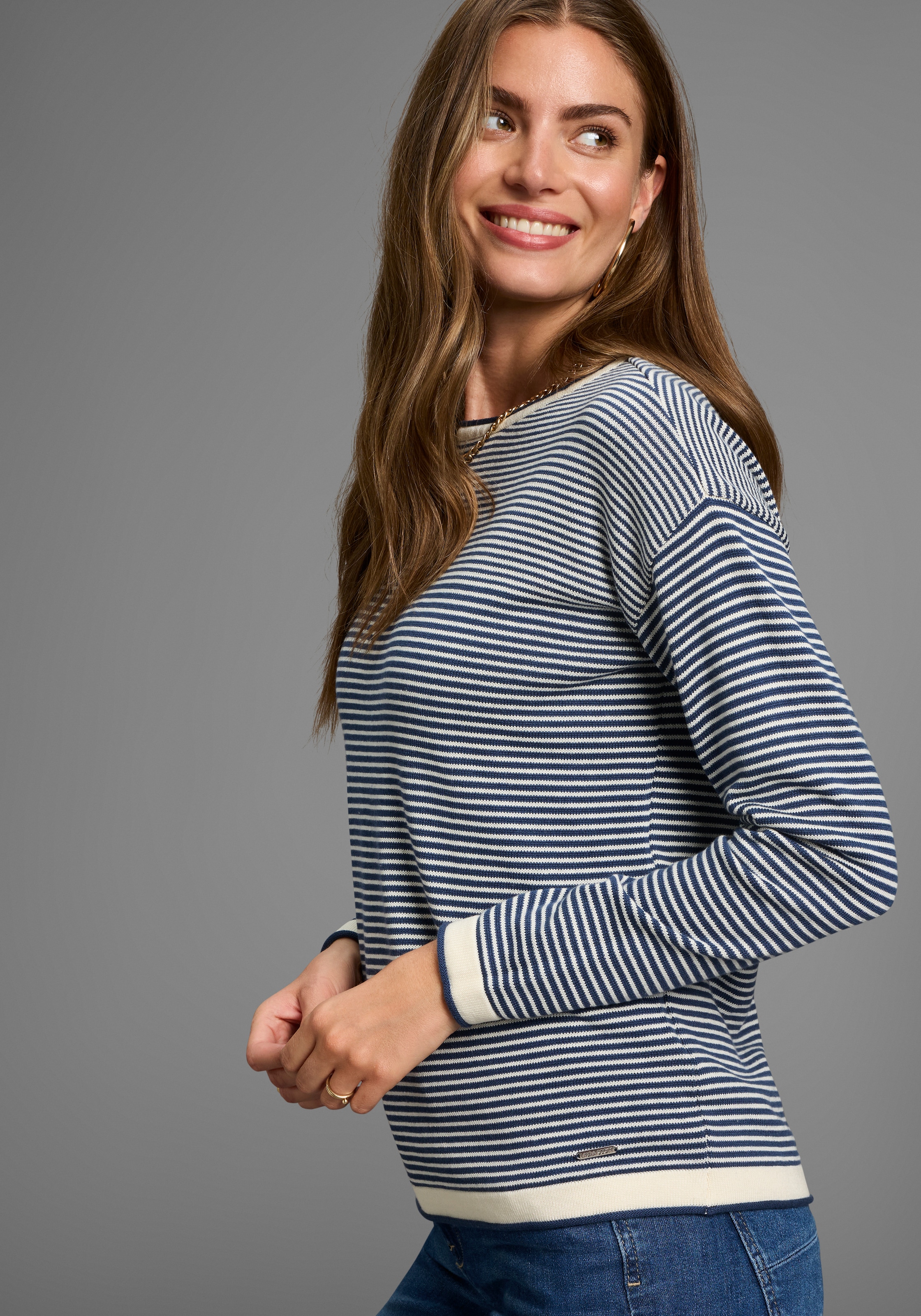 Laura Scott Rundhalspullover , Feinstrickpullover aus Strukturstrick mit Streifen