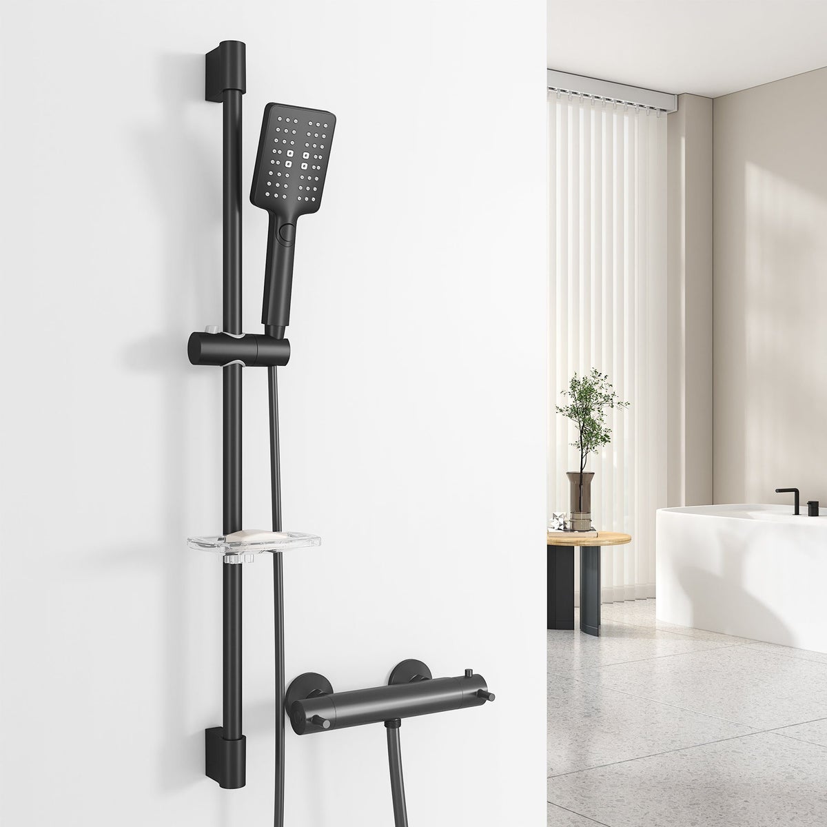 EMKE Doucheset – Doucheset met handdouche, zeephouder, 3 straalsoorten, 72 cm glijstang, 150 cm slang, zwart