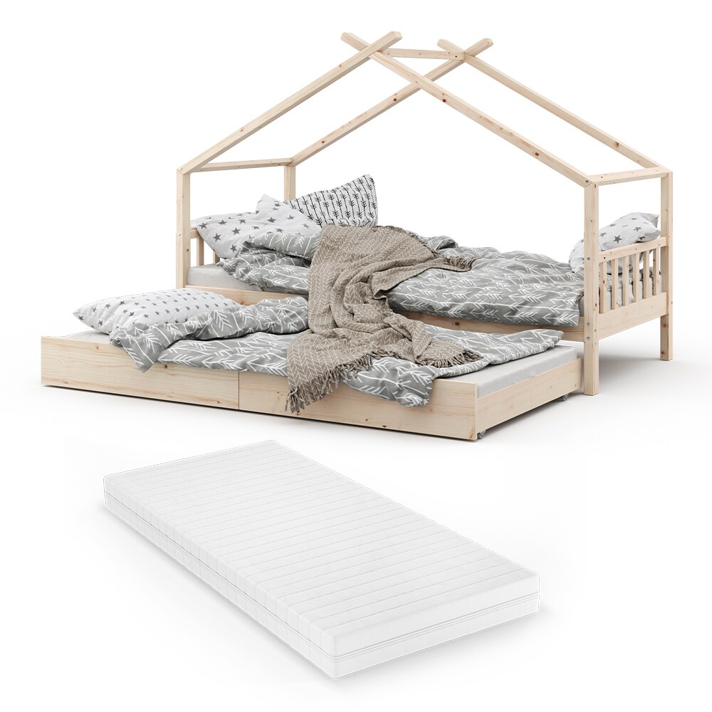 VITALISPA Kinderbett DESIGN Hausbett Gästebett Lattenrost Natur 90x200 Matratze