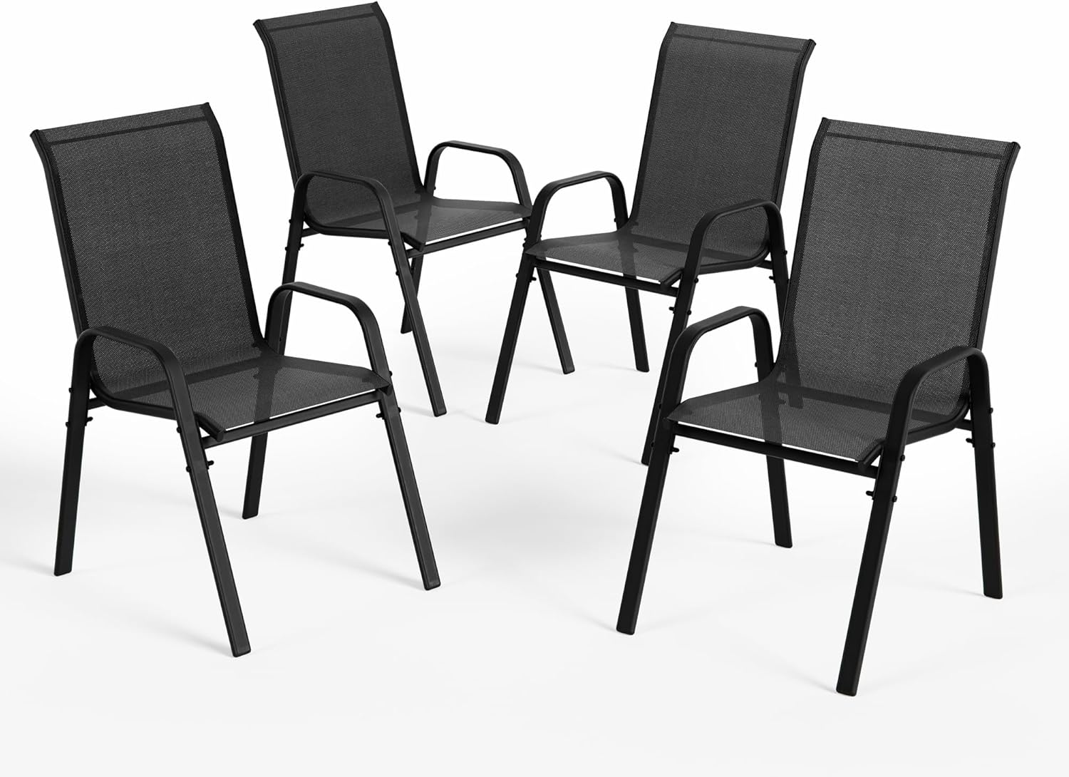 ALAULM Hochlehner Gartenstühle 4er Set Stapelbar, Wetterfeste Terrassenstühle mit Armlehnen, Atmungsaktives Textilene & Stahlgestell für Garten, Balkon, Terrasse, Poolbereich (Schwarz)