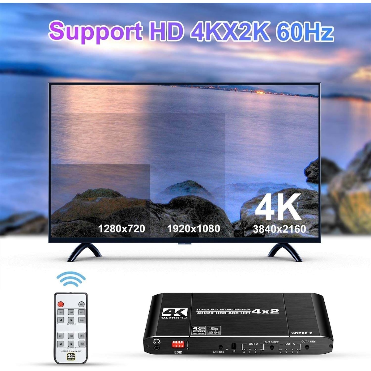 NÖRDIC HDMI Matrix Switch 4 til 2 med lydkontaktor og bue, 4kx2k i 60Hz, YUV 4: 4: 4 18Gbps HDCP 2.2, 5.1 Surround, metall