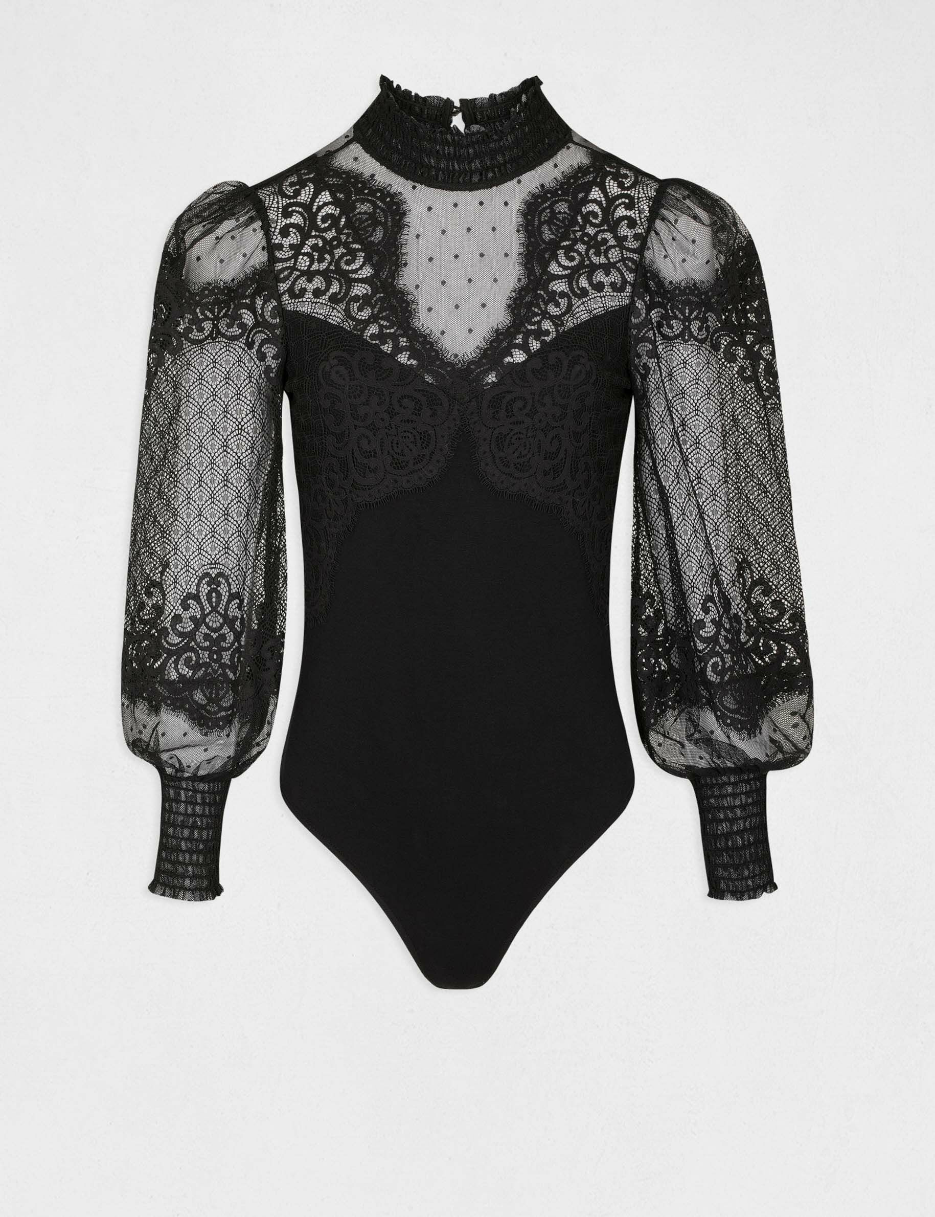 Body manches longues à dentelle noir femme - noir