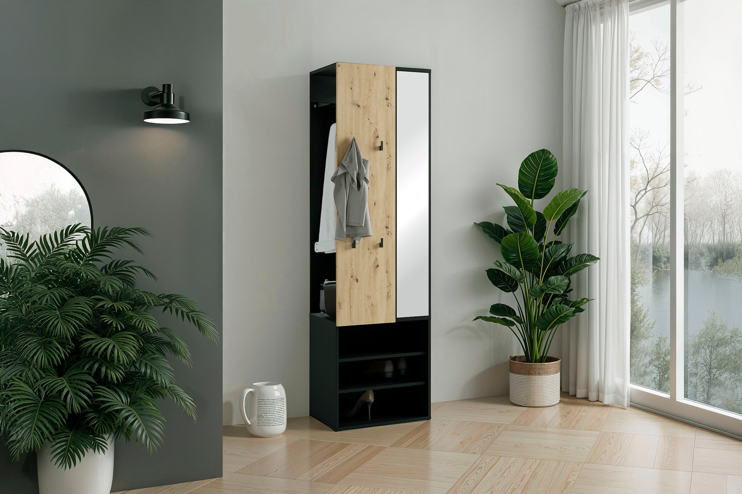 byLIVING Kompaktgarderobe »Dielen - Set Andorra« 1 Stk. tlg. maximale Ordnung auf wenig Fläche mit Spiegel, Kleiderstange und Haken