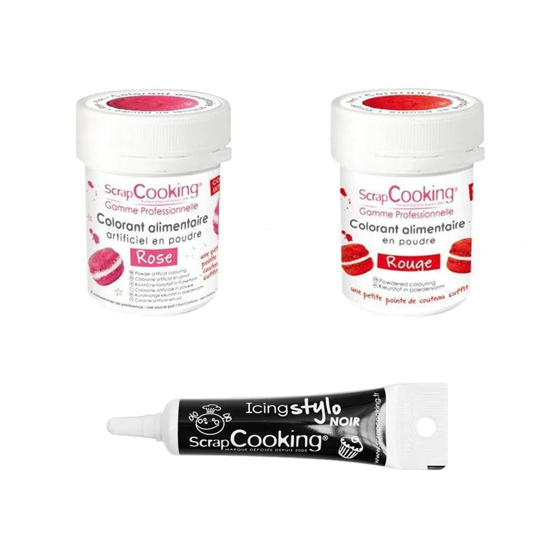 2 colorants alimentaires rouge-rose + Stylo glaçage noir Scrapcooking