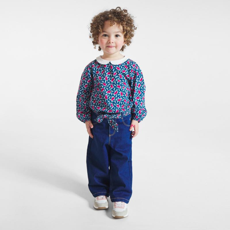 Jean large ceinture fleurie bleu bébé fille Bleu