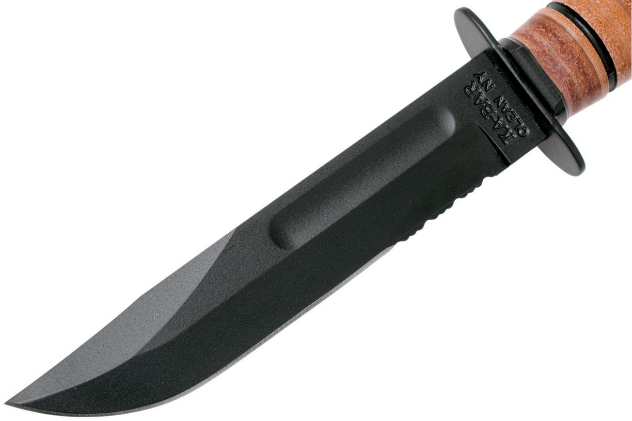 KA-BAR Short USMC 1252 deels gekarteld, vaststaand mes, lederen foedraal