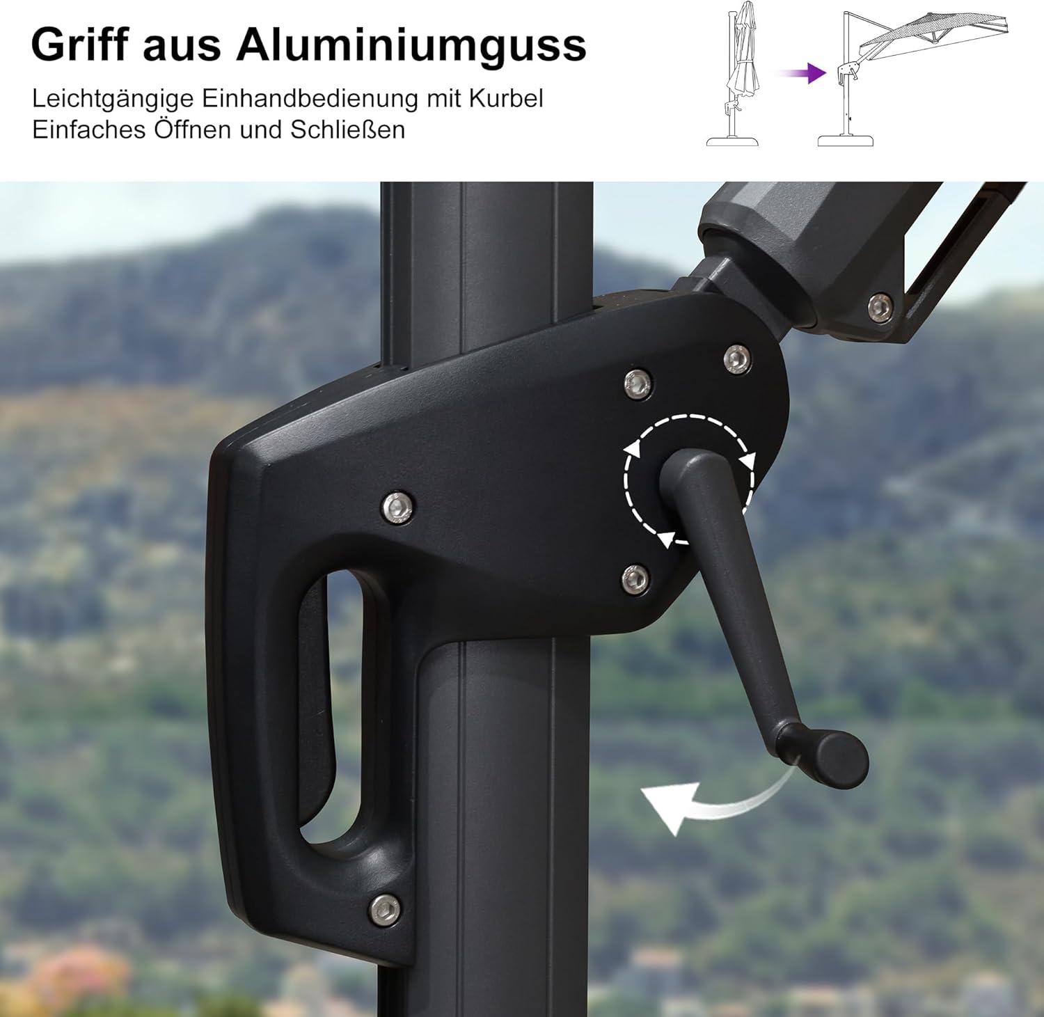 PURPLE LEAF Ampelschirm 300 x 300 cm Sonnenschirm mit LED Beleuchtung, Neigbar Kippbar Gartenschirm mit Kurbel, Aluminium Gestell, 360° Rotation, Grau