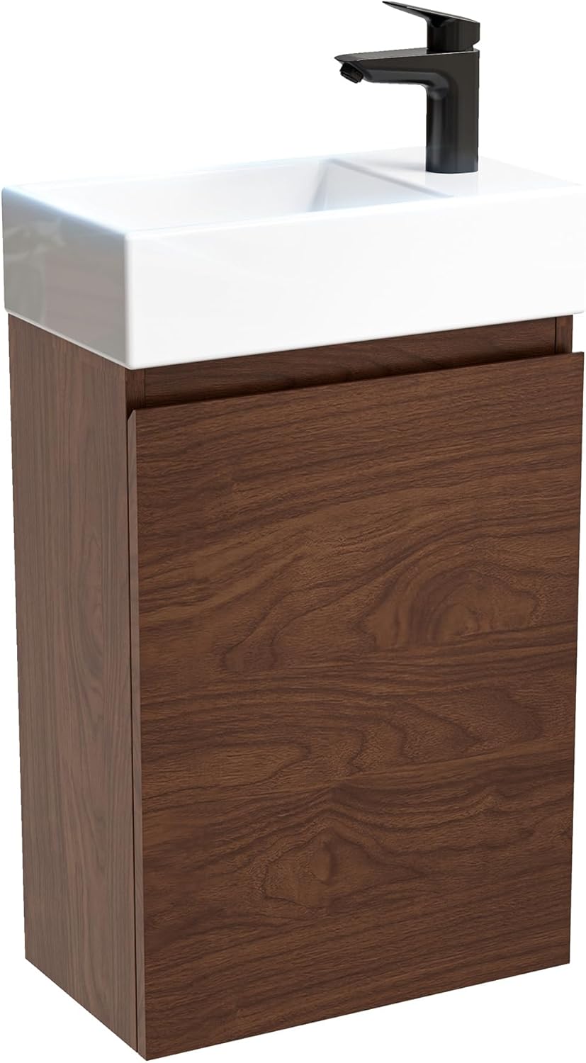 HOROW Badmöbel Set 40 cm, Waschbecken mit Unterschrank, Kleiner Waschbeckenunterschrank Hängend Badezimmerschrank, WC Aufsatzwaschbecken Klein für kleine Bäder, Dunkelbraun