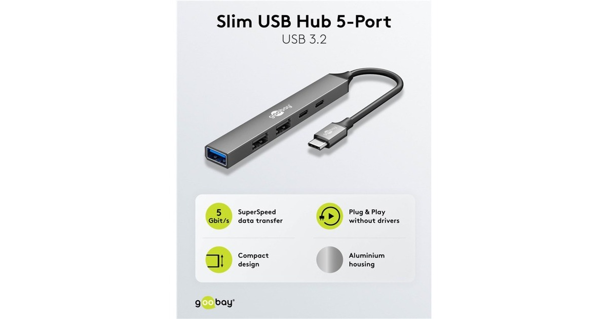 goobaySlanke USB-hub met 5 poorten, USB-C naar USB-C/USB-A, 5 Gbit/s  (Lichtgrijs)