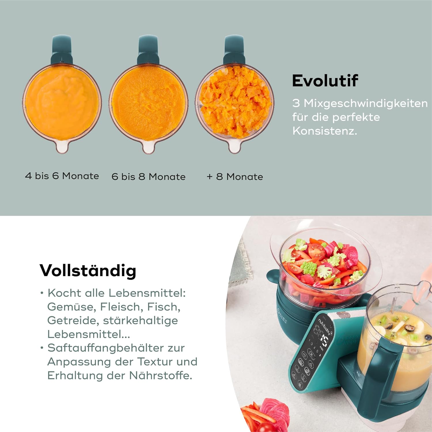 Babymoov Nutribaby Plus Opal Green - Babynahrungszubereiter, 2200ml Fassungsvermögen, schonendes Dampfgaren, Mixen, Sterilisieren, Aufwärmen