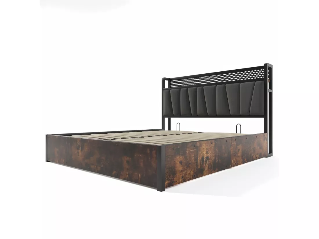 Lit double coffre 160x200cm+ matelas, avec LED et ports de charge USB, App contrôle, Gris