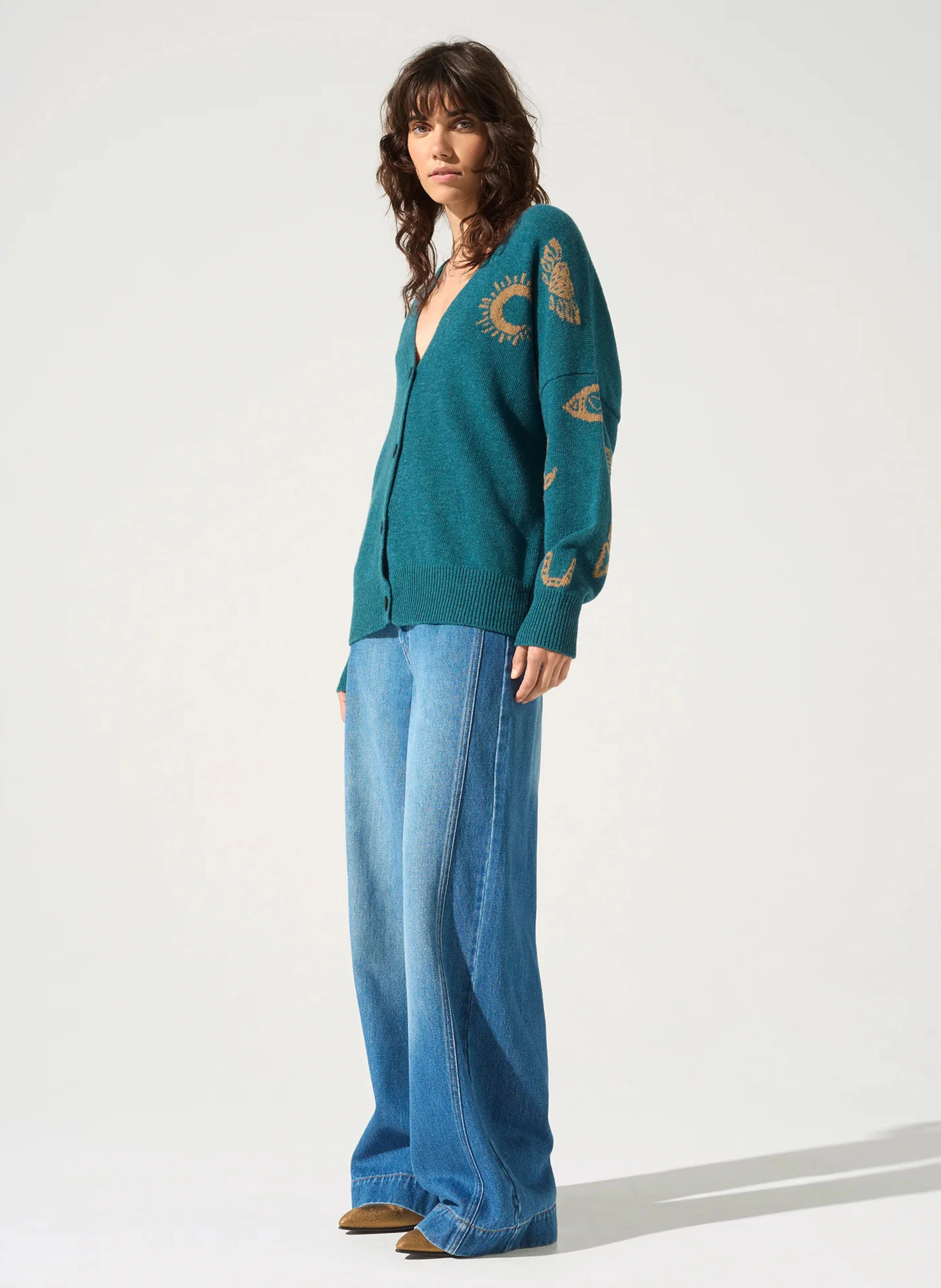 MIRZA - Cardigan col v à imprimé en laine mélangée| Rouge