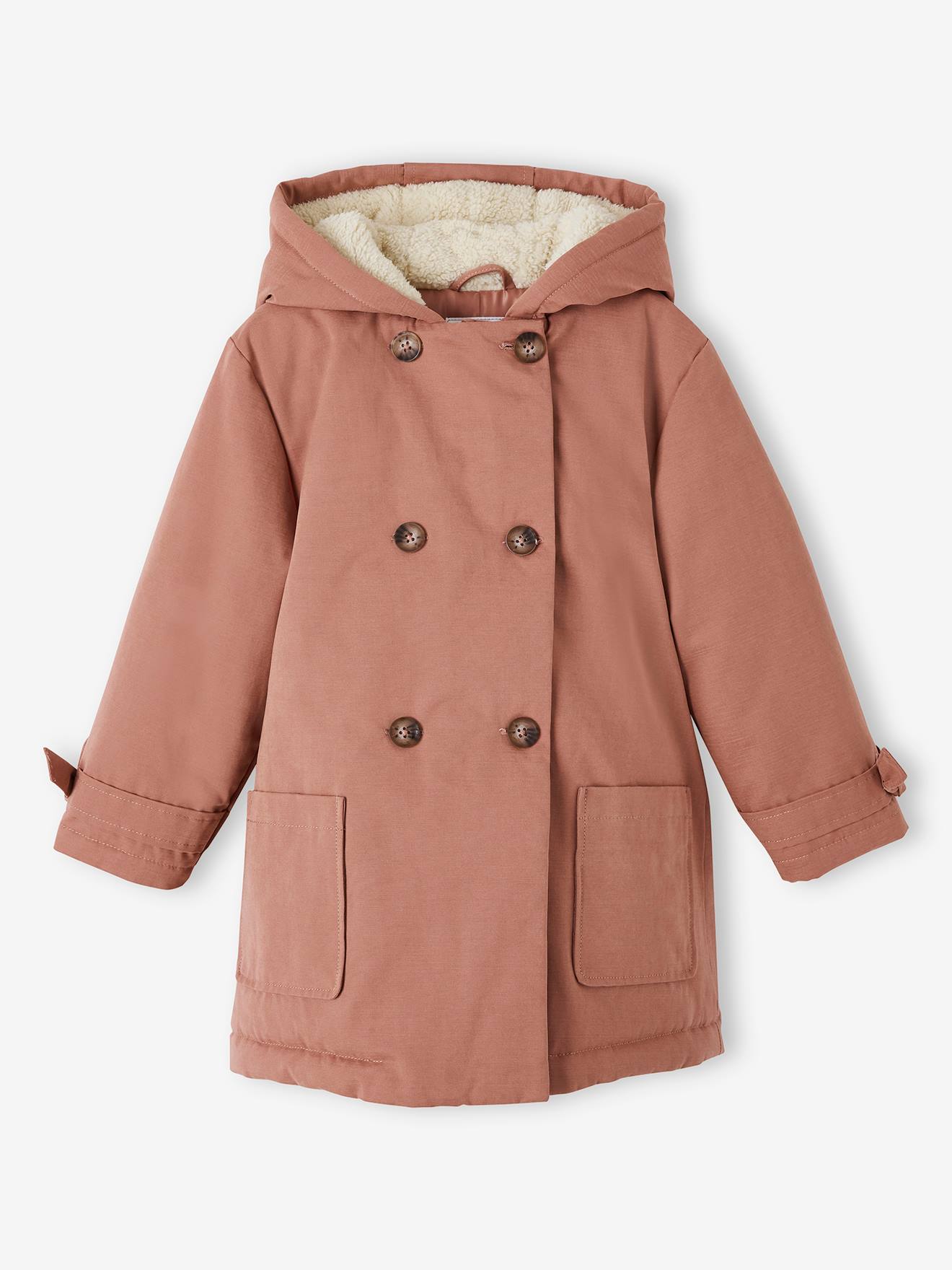 Parka chique com toque de pele de pêssego e capuz para meninas em rosa claro.