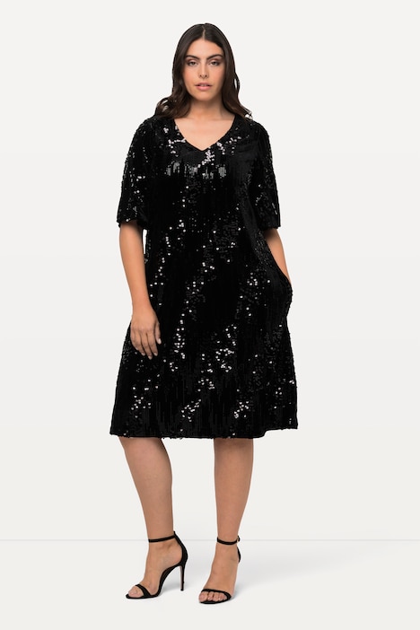 Samtkleid, Pailletten, A-Linie, V-Ausschnitt, 3/4-Arm