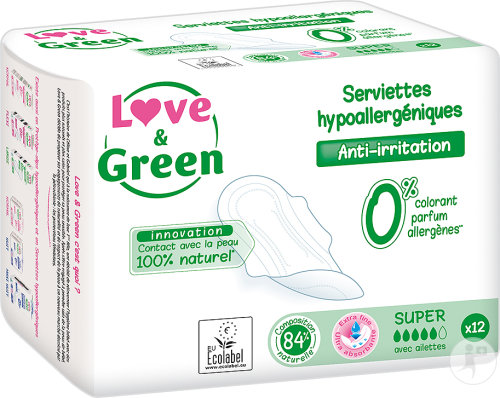 Love&Green Serviettes Hypoallergéniques Anti-Irritation Super Ailettes 12 Pièces