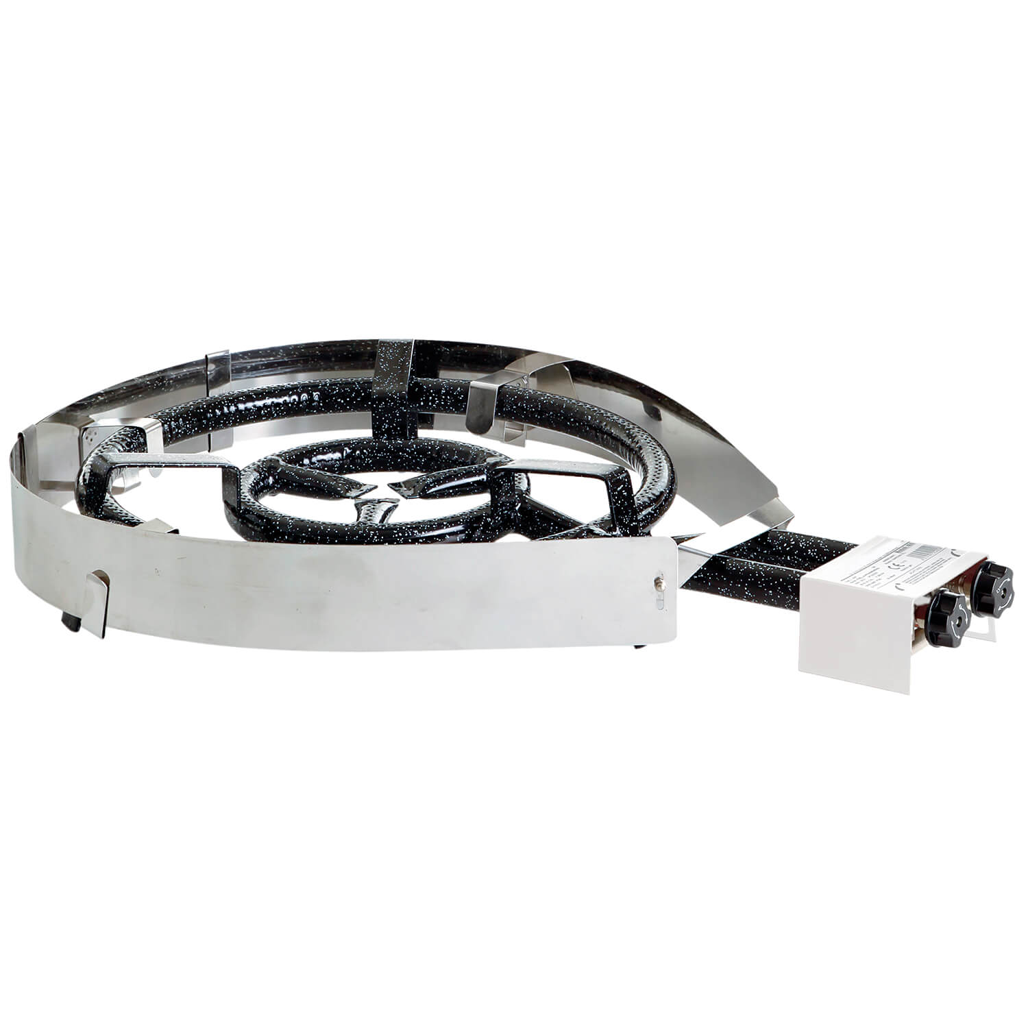 Hochwertiges Paella-Grill-Set mit Gusseisen-Grillplatte: 2-Ring Gasbrenner, stabiler Dreibein-Ständer, höhenverstellbar, Ø 38 cm