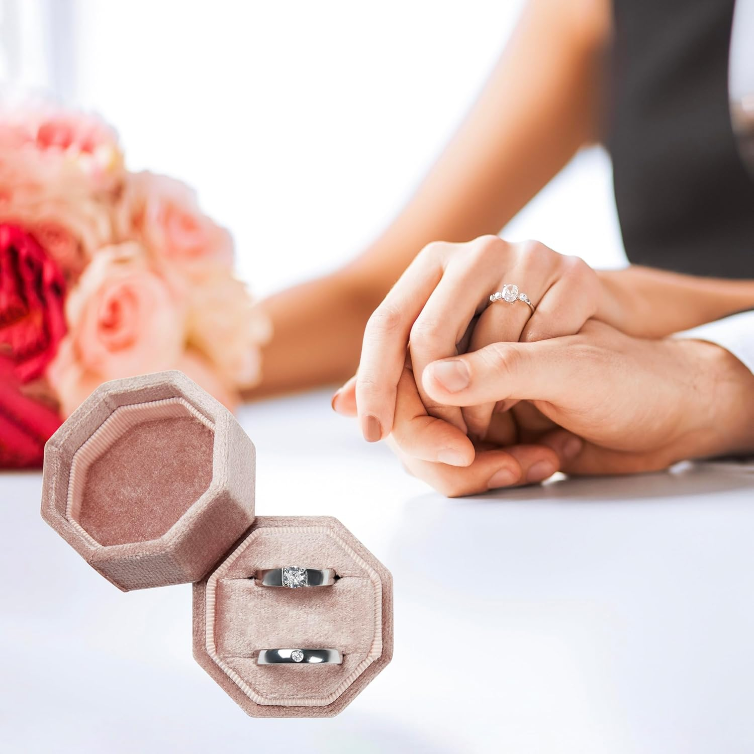 (50mm) Samt Ringschatulle Schmuck Organizer Box für 2 Ringe - Rosa