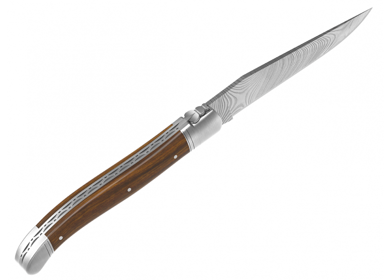 Couteau Laguiole collection damas avec un manche en bois de gaïac et 2 mitres en acier inoxydable