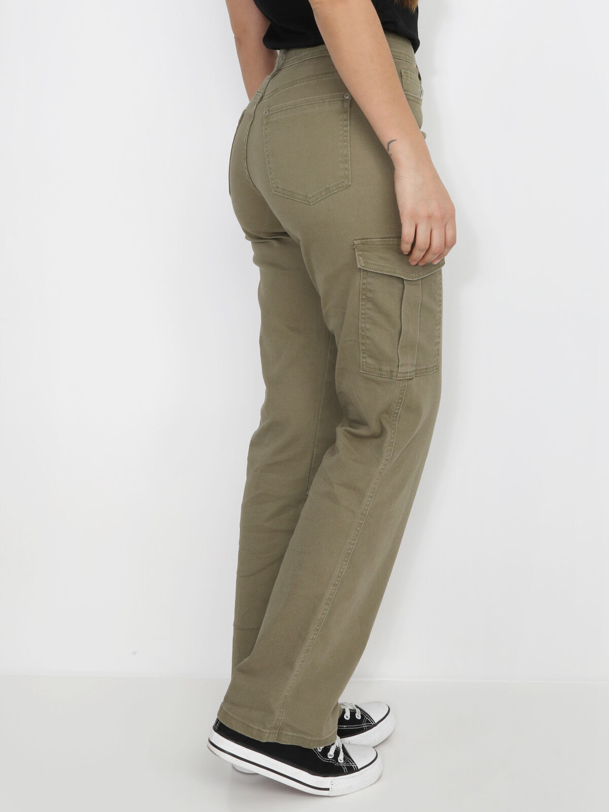 Jeans cargo large en coton- Kaki