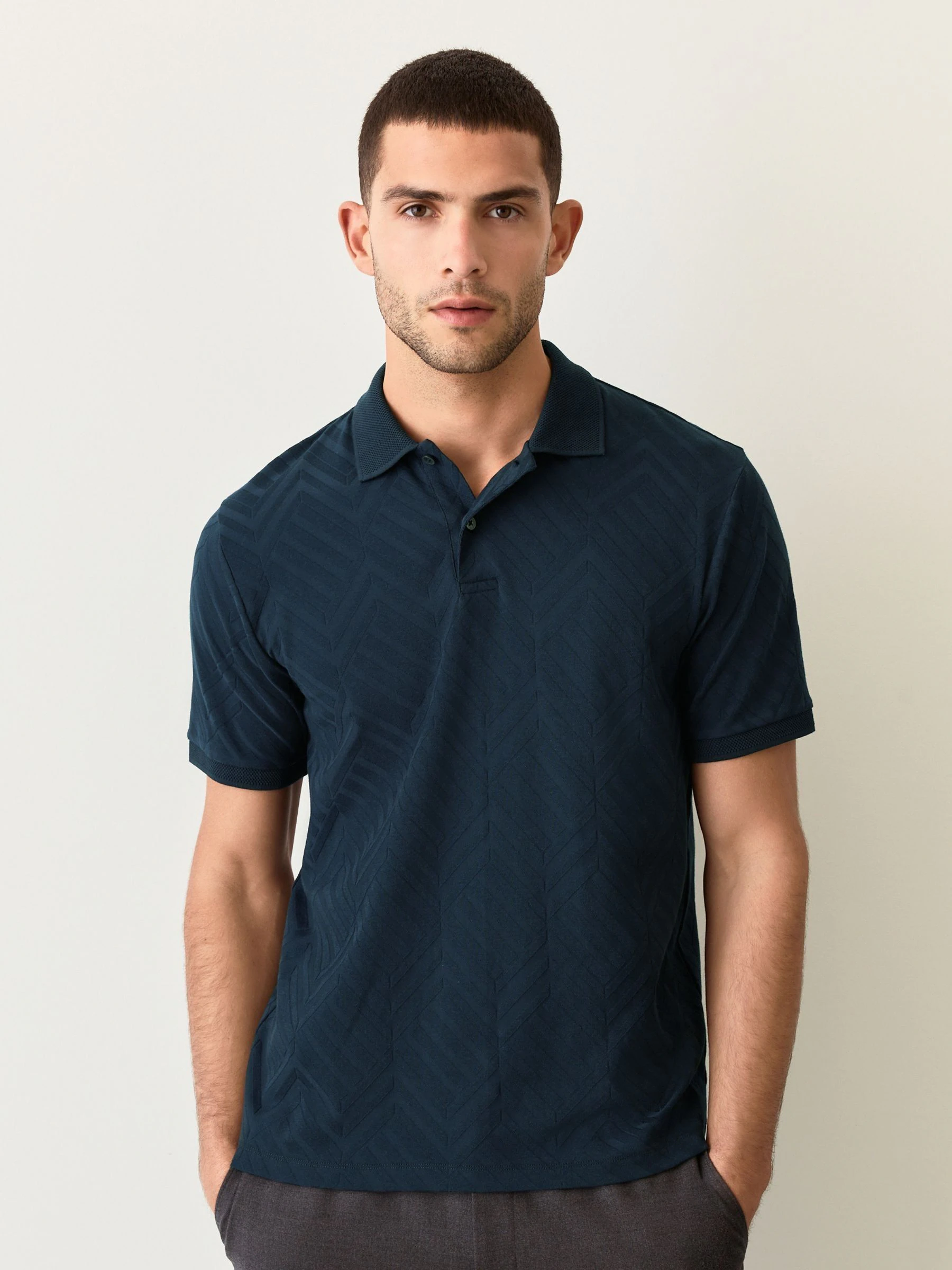 Donkerblauw - Normale Pasvorm - Net jacquard poloshirt