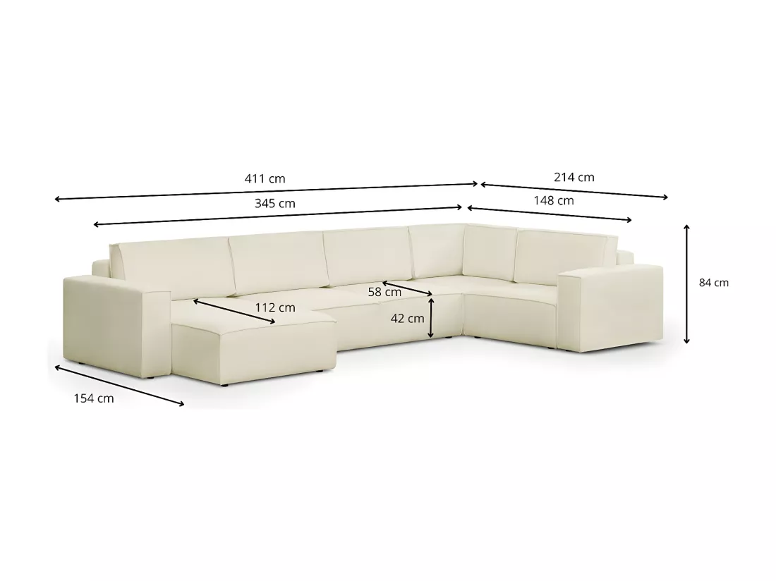 Canapé d'angle à droite panoramique convertible modulable 8 places en tissu bouclé écru - Harper Mod