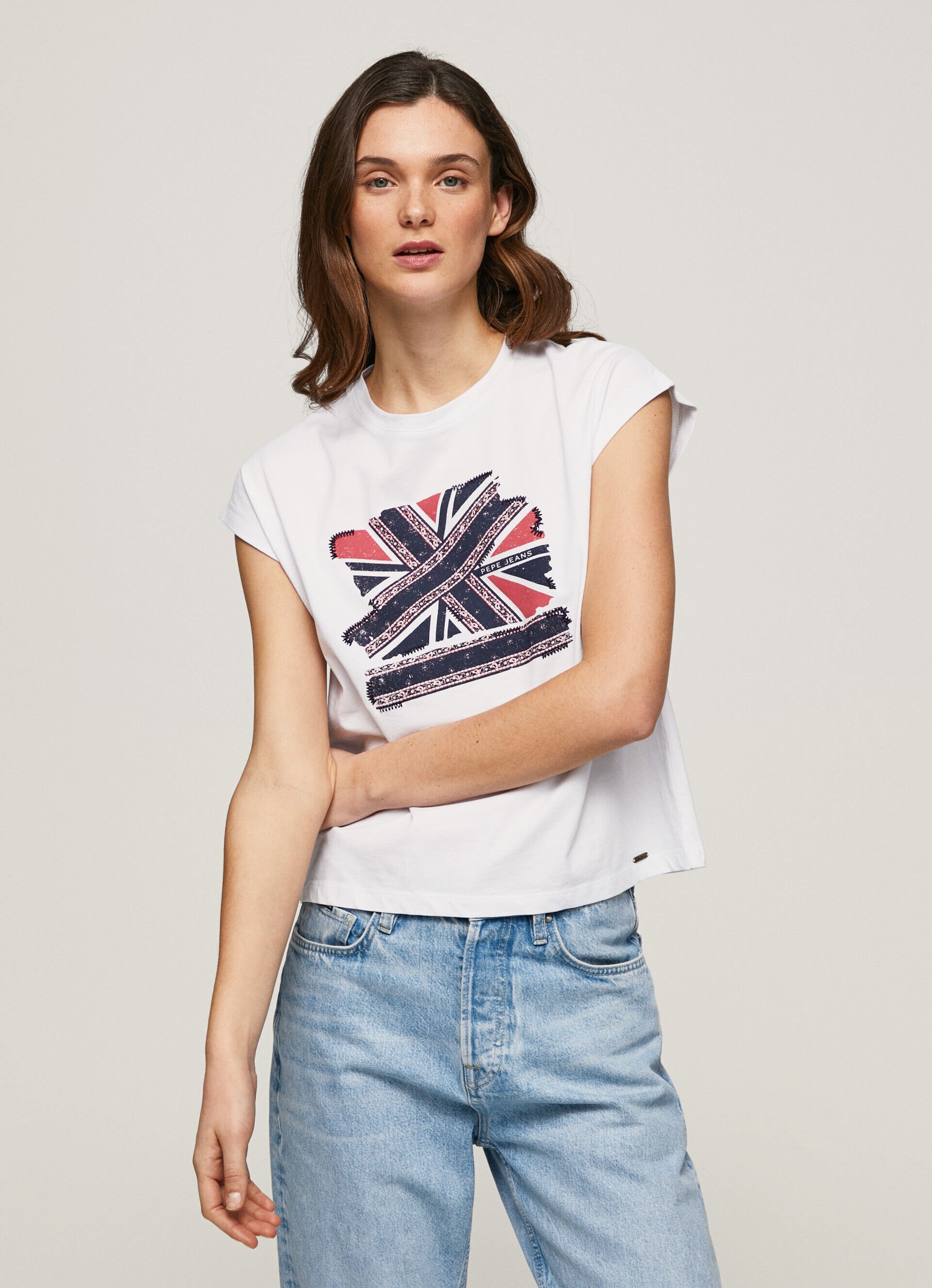 Camiseta com estampa da bandeira do Reino Unido - branca