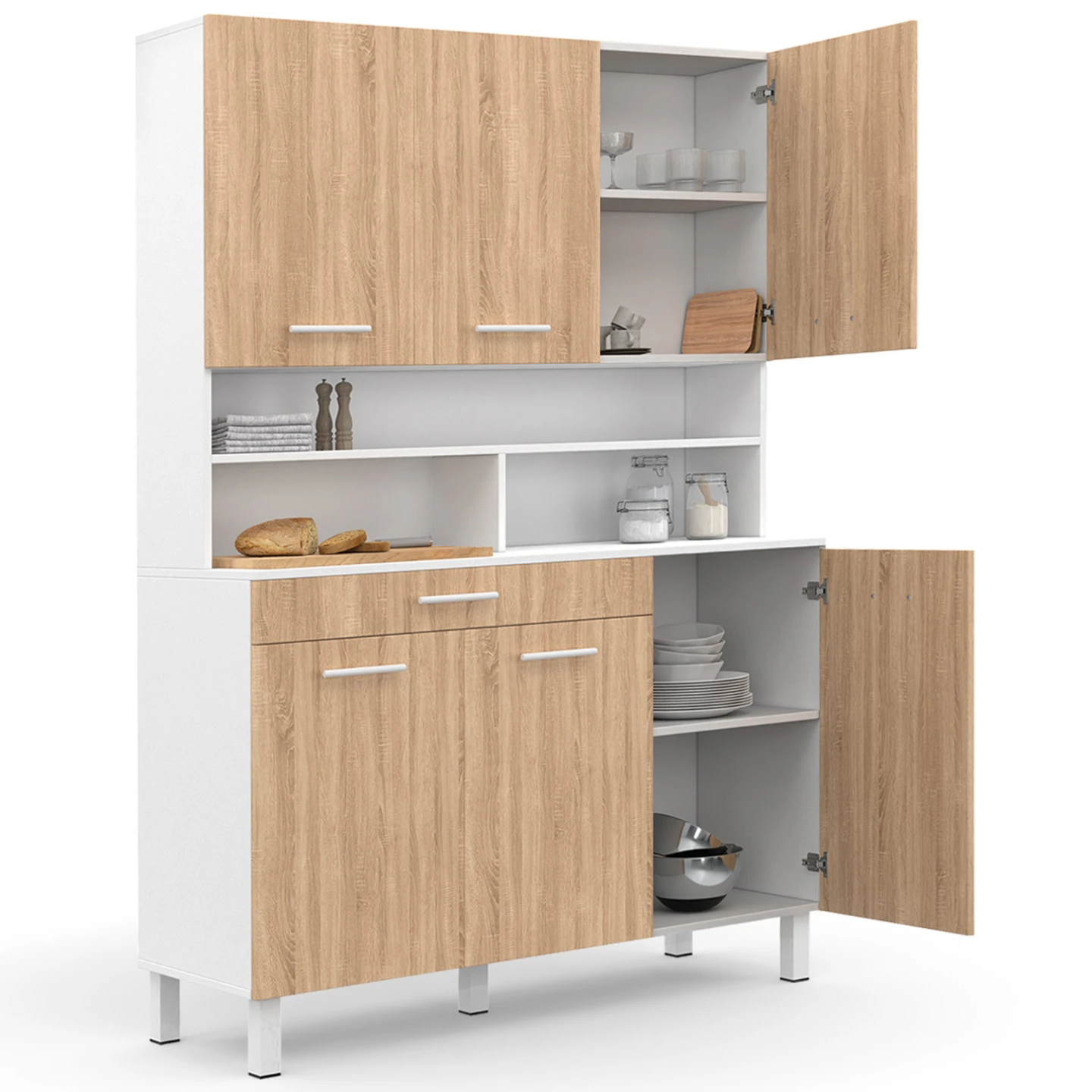 Buffet de cuisine 120 CM CINA 6 portes + tiroir blanc et façon hêtre