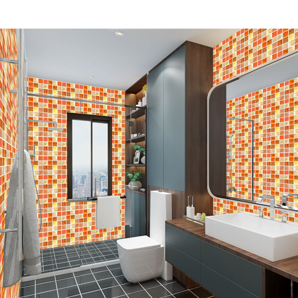 (10er Set) 10x10cm Mosaik Sticker Selbstklebende Deko Kacheln für Küche / Badezimmer - Orange / Rot