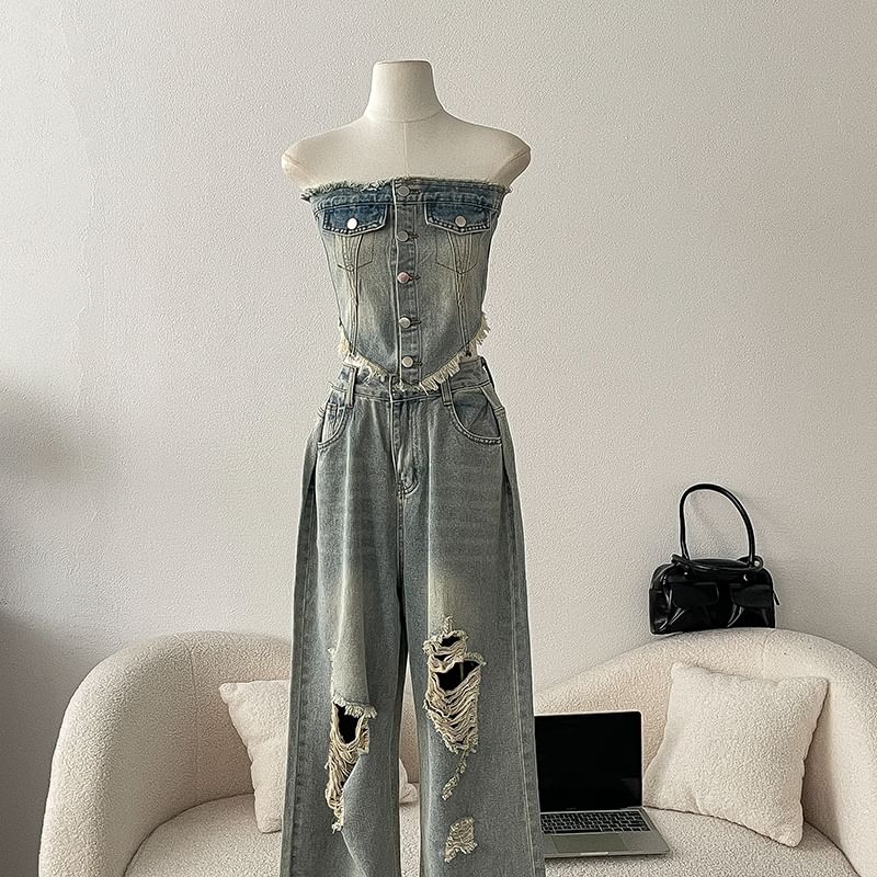 DIYI - Gewassen denim top met knoopjes en kwastjes / High rise gescheurde wijde pijpen jeans