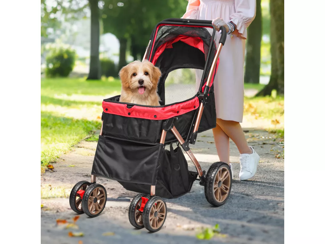 YITAHOME Poussette pour Chien Chat - avec Panier de Rangement - 4 Roulettes - Pliable - Rouge