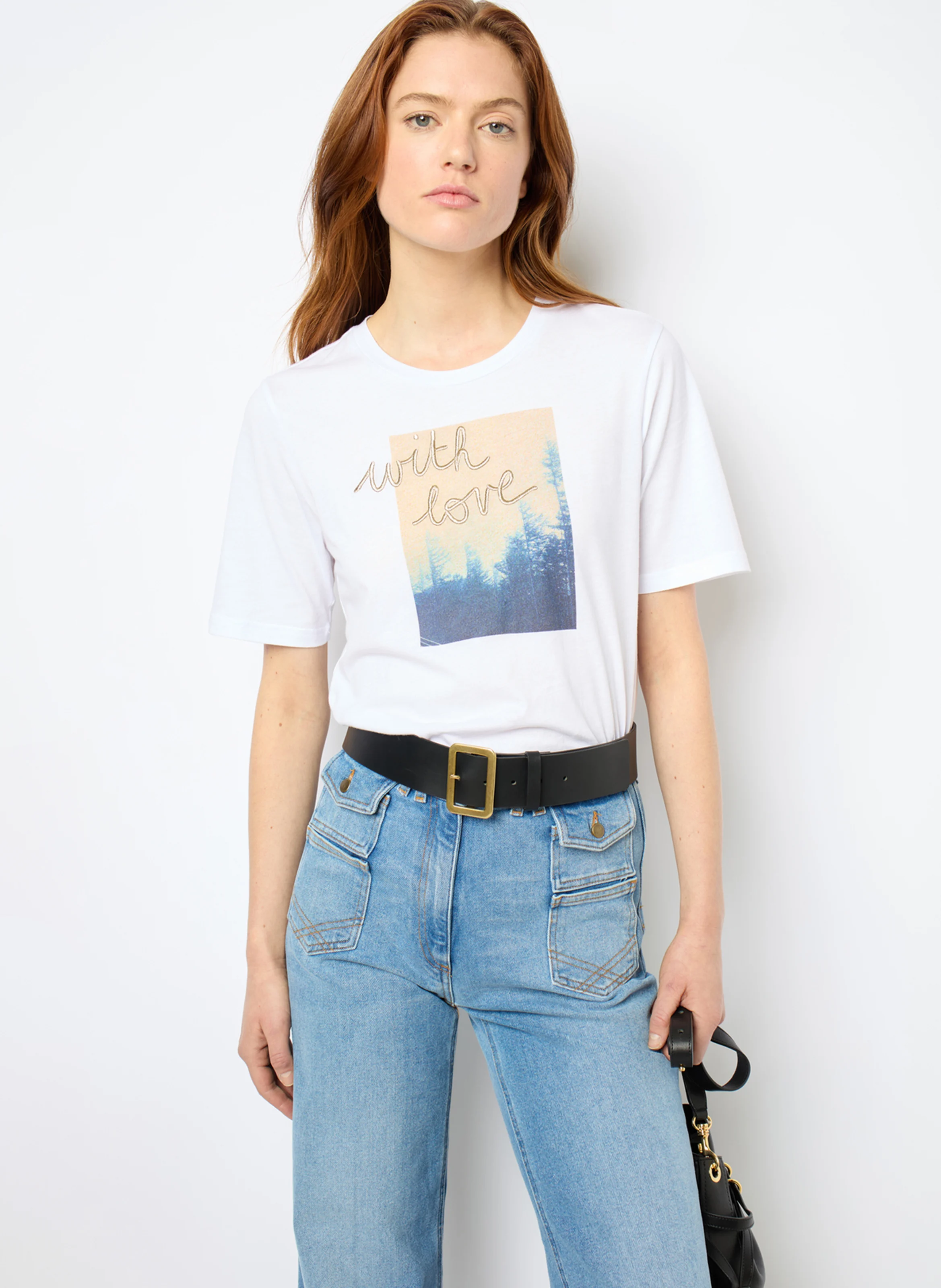AMBRE - Tee-shirt col rond droit en coton sérigraphié | Blanc