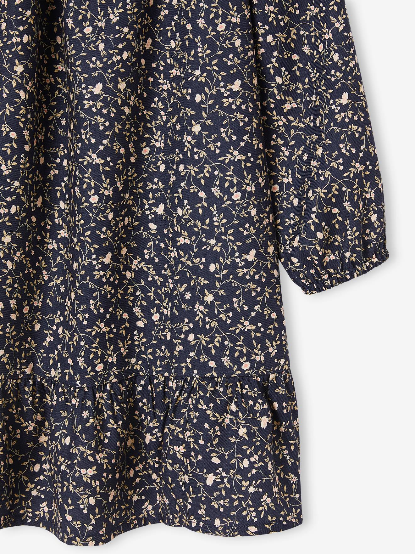 Vestido azul-marinho de mangas compridas com detalhes franzidos e motivos florais para meninas.