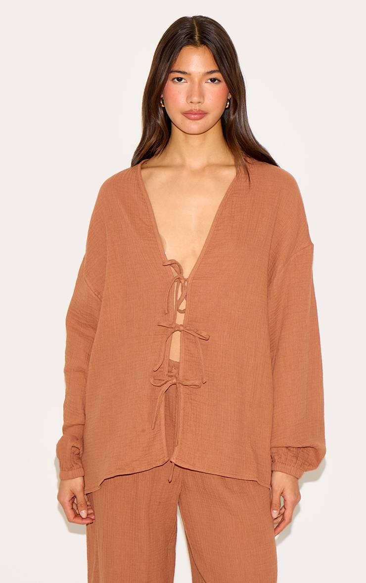 Chesnut Chemise Texturée Effet Gaze À Nouer Devant
