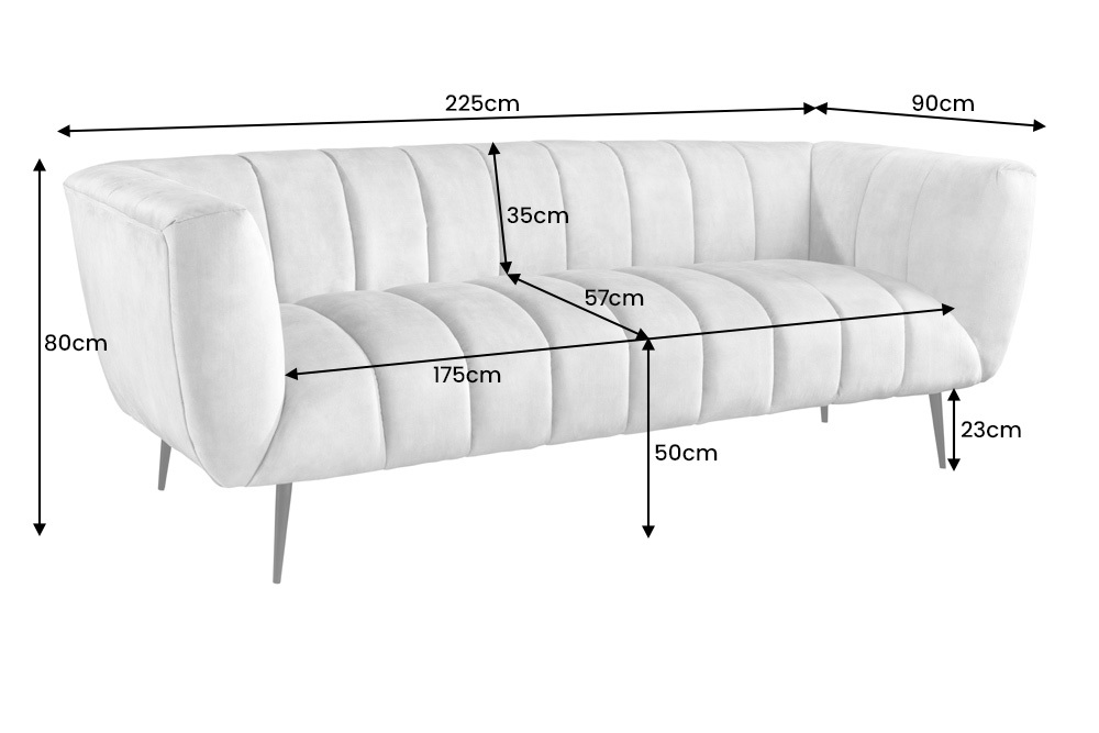 Design 3-Sitzer Sofa NOBLESSE 225cm grau Samt Federkern schwarze Metallfüße