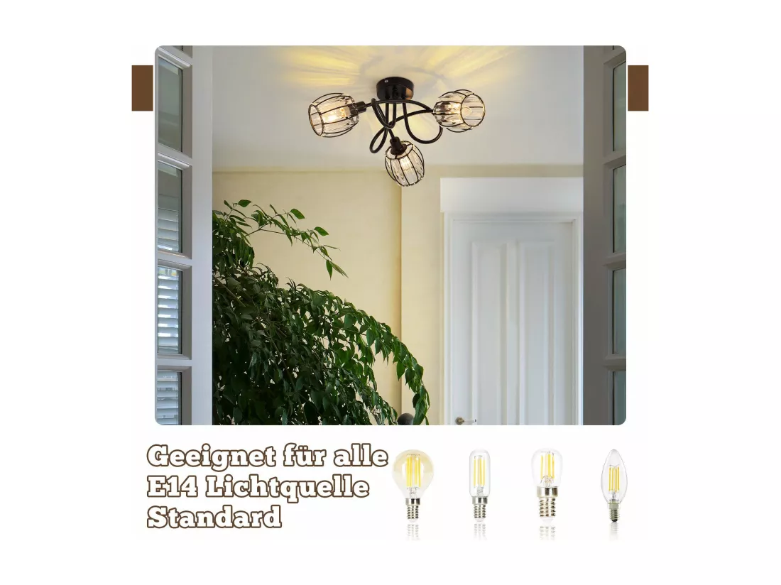 Spot 3er De Plafond En Cristal Noir Vintage E14 Pour Couloir Pivotant à 350° Industriel
