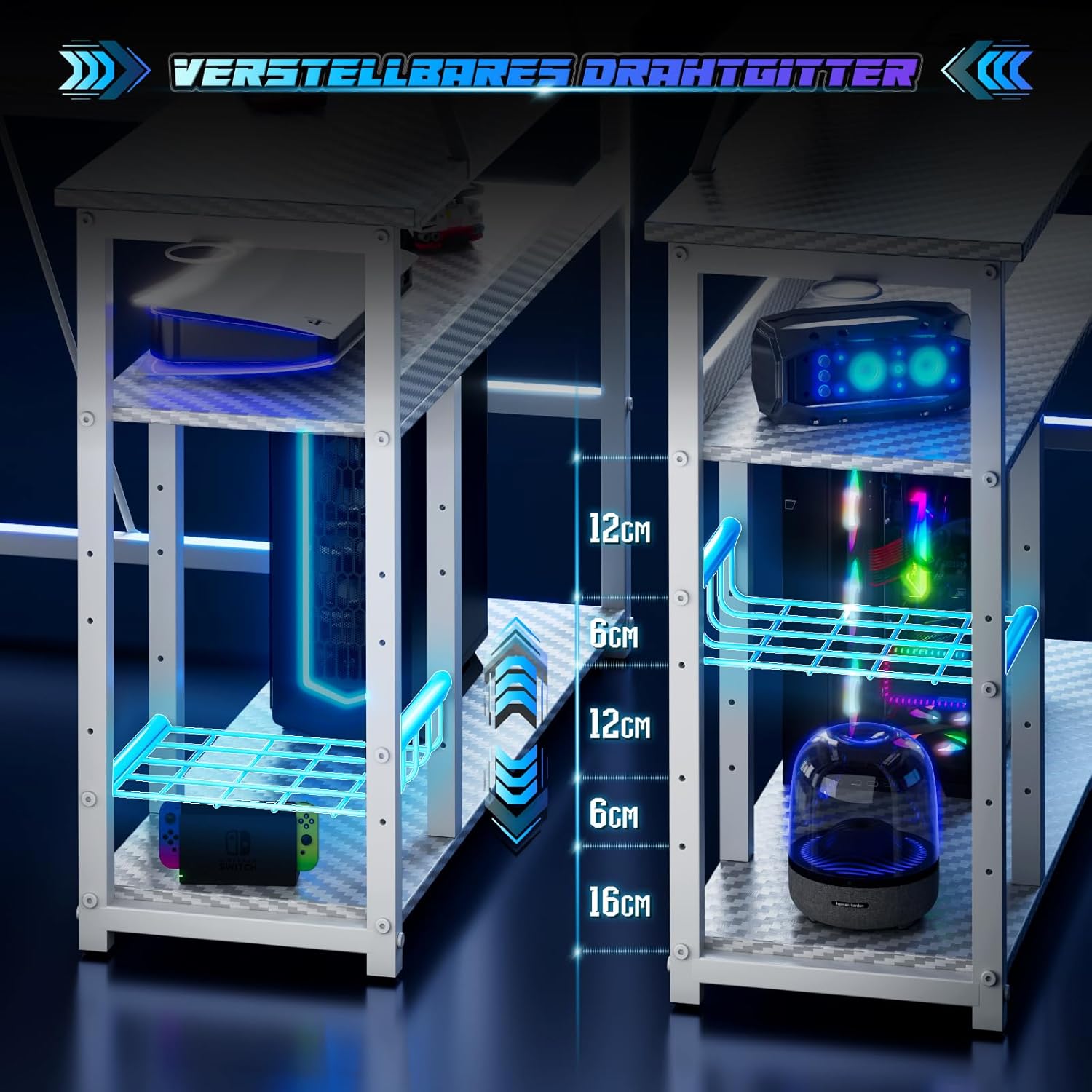 Devoko Gaming-Schreibtisch Ecke 120x80cm mit Doppel-Monitorhalterung, LED-Beleuchtung, höhenverstellbarer Ablage & Carbon-Optik Weiß