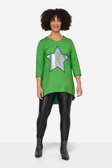 T-Shirt, A-Linie, Pailletten-Stern, V-Ausschnitt, 3/4-Ärmel