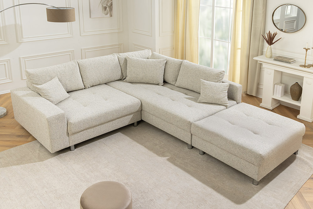 Moderne Wohnlandschaft KENT 220cm beige Strukturstoff  Ecksofa Federkern inkl. Hocker