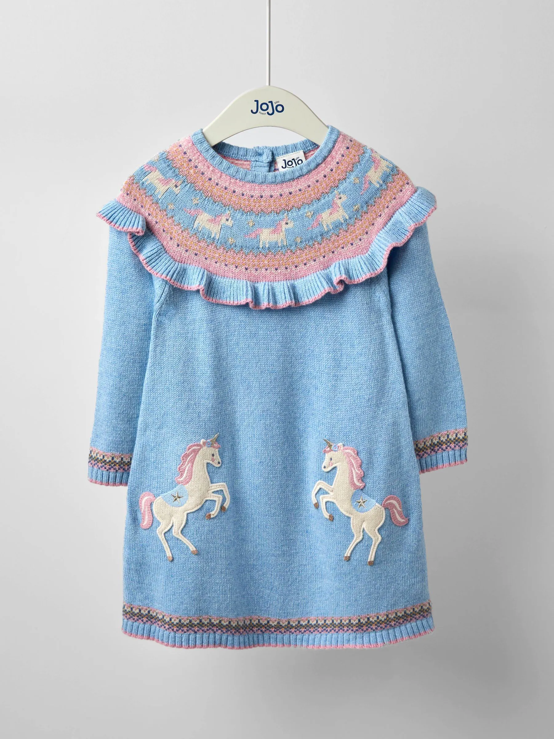 Blauw met eenhoornprint - JoJo Maman Bébé - Gebreide jurk met fairislemotief