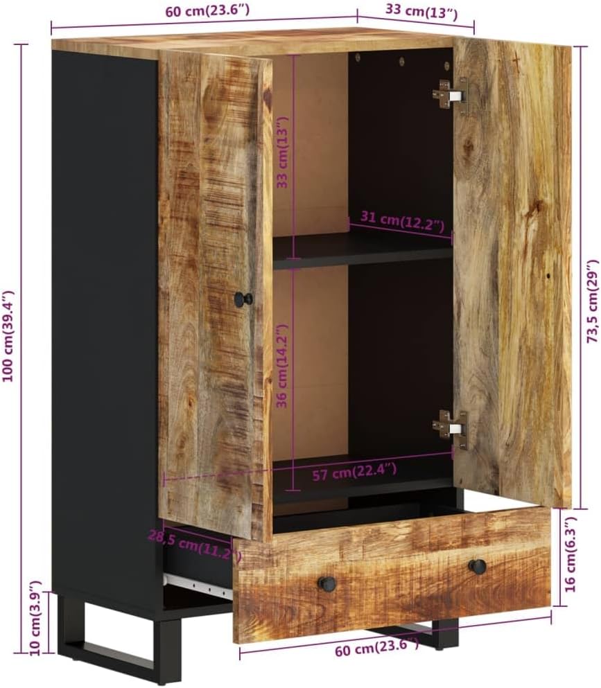 vidaXL Highboard, Sideboard mit Schublade 2 Fächern, Beistellschrank Schrank mit Eisenbeinen, Kommode Anrichte, Massivholz Mango Eisen