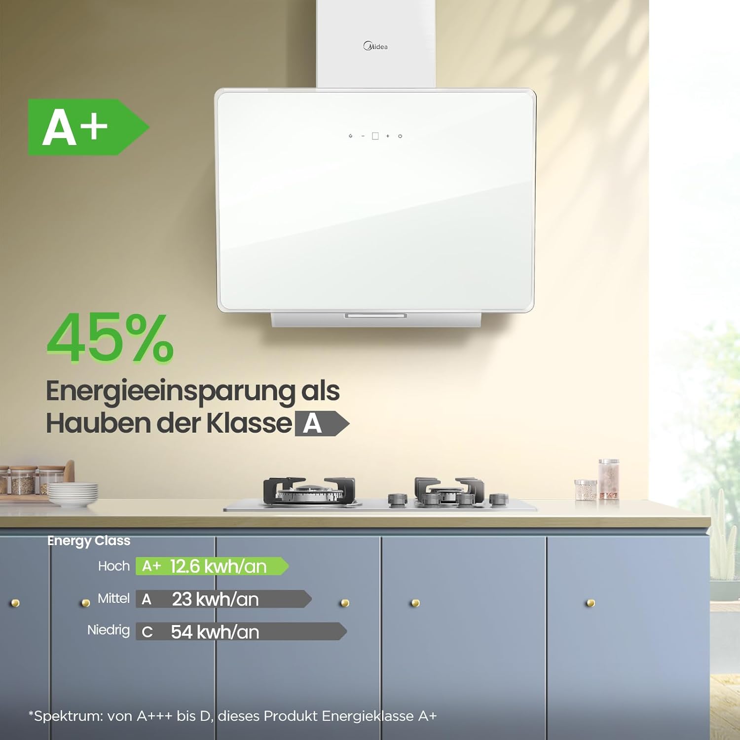 A+ Dunstabzugshaube 60cm CHK 3.6J64A1W Wandhaube aus gehärtetem Glas und Edelstahl mit Touchscreen, LED und Umluft- und Kanalsystem Wandmontierte Dunstabzugshaube, Weiß