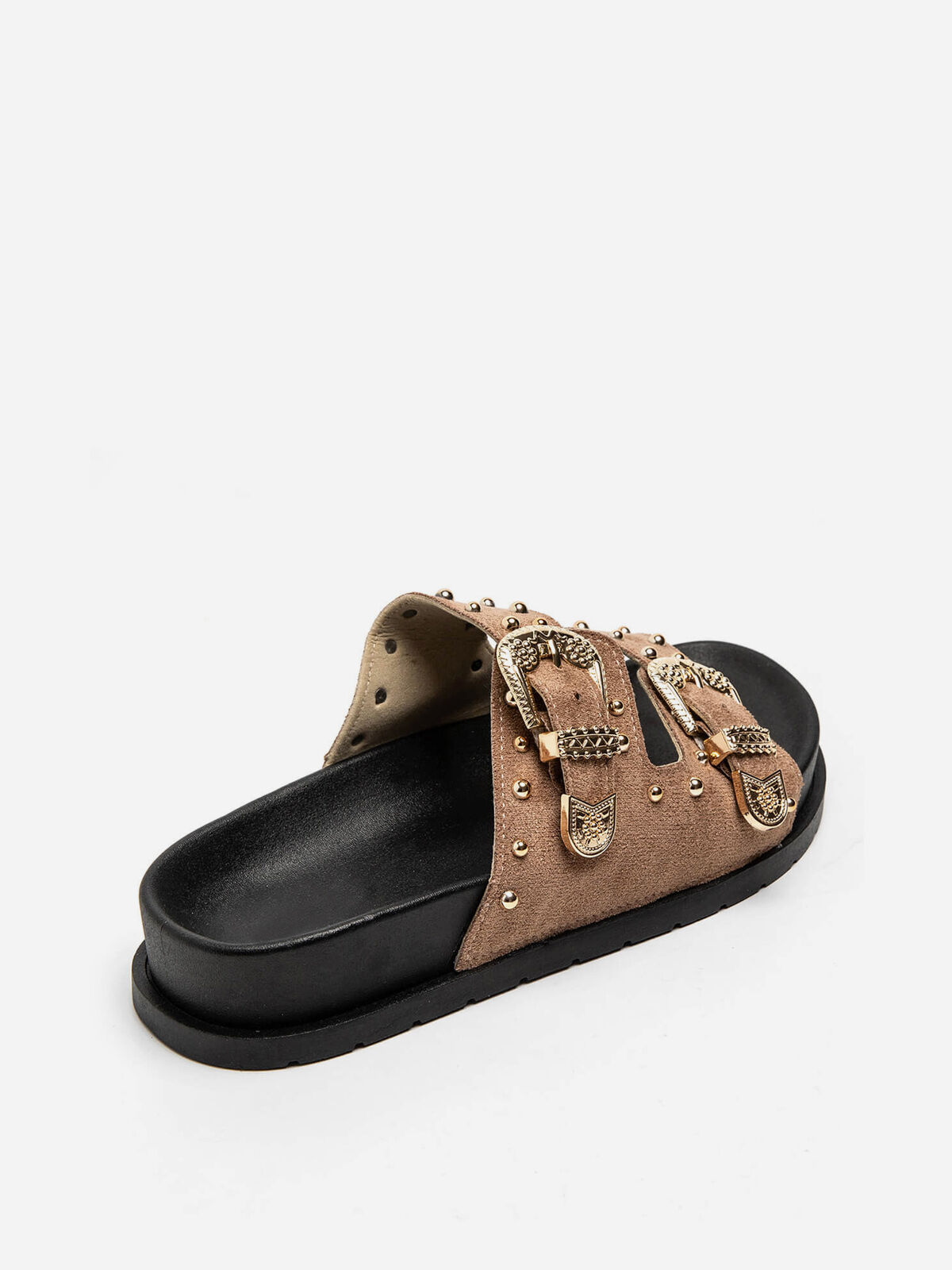Mules en suédine à boucles et clous dorés- Taupe