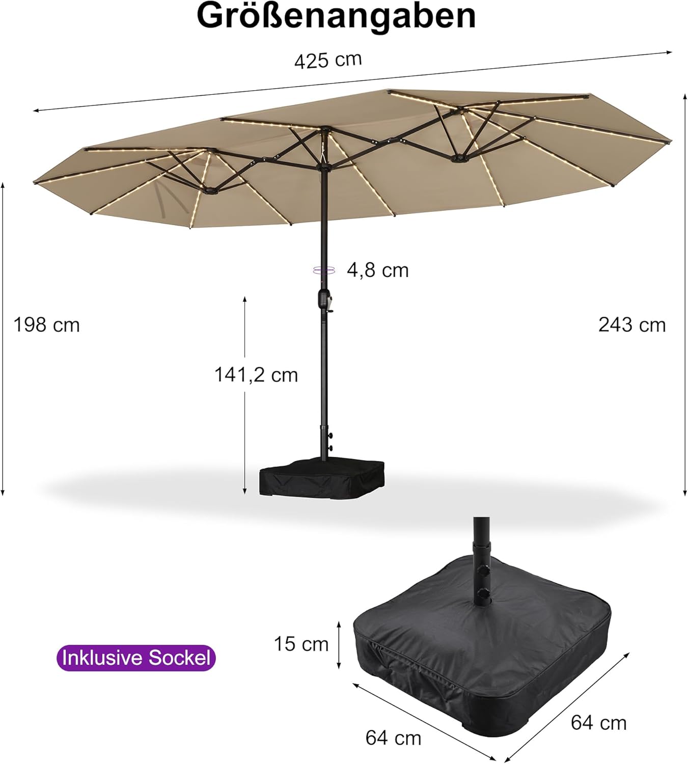 PURPLE LEAF Sonnenschirm Rechteckig 425 x 245 cm mit LED Doppelsonnenschirm Groß XXL mit Kurbel Marktschirm mit Ständer Gartenschirm UV-Schutz für Terrasse Garten, Beige