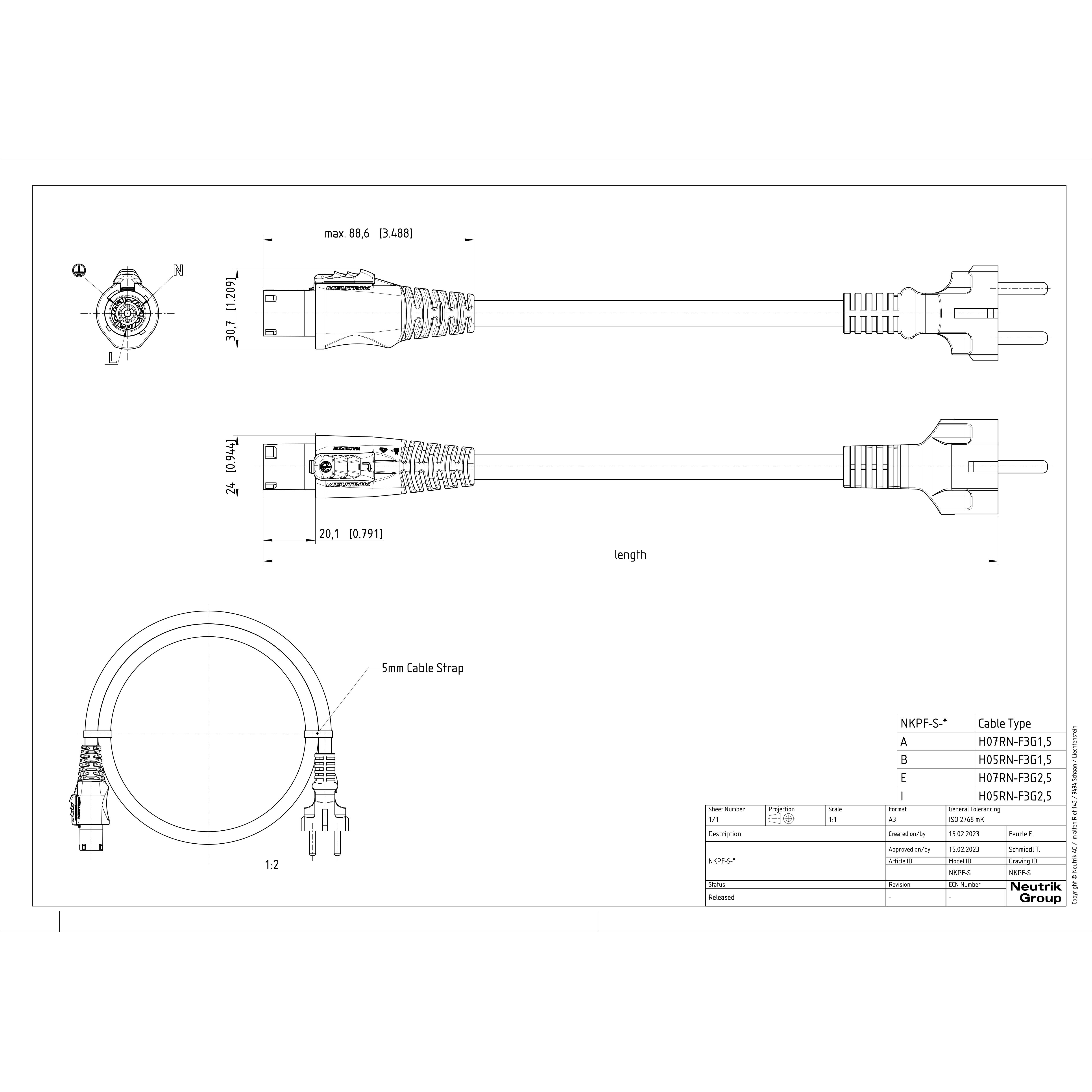 Neutrik NKPF-S-I Power Cord H05VV-F3G2.5 PowerCON TRUE 1-Schuko 3m